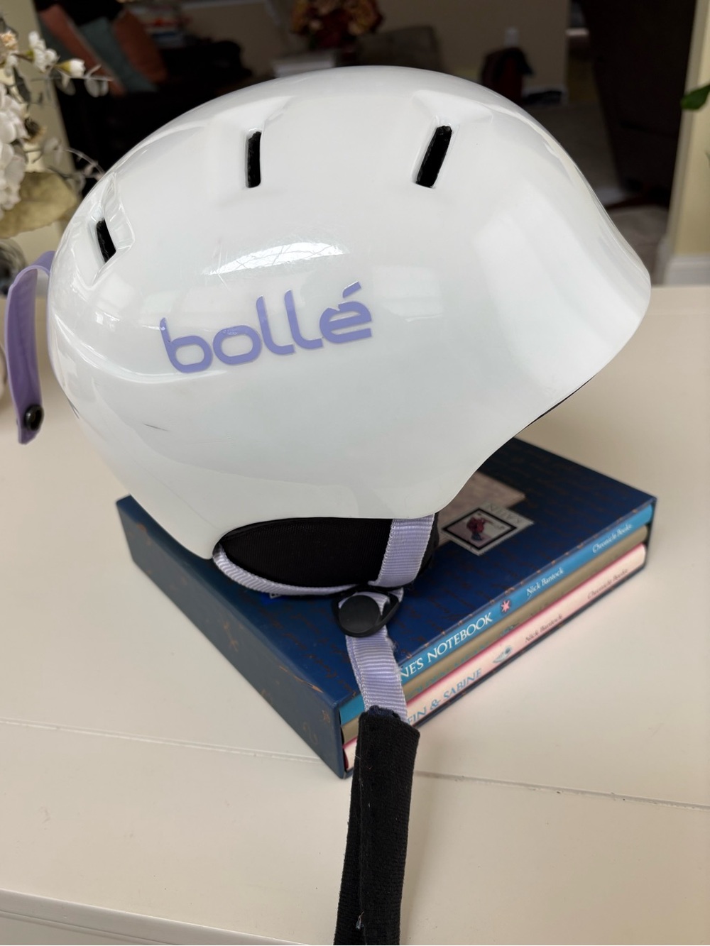 Bollé Kids White Ski/Snowboard Helmet with Lavender Accents, Bolle goggles